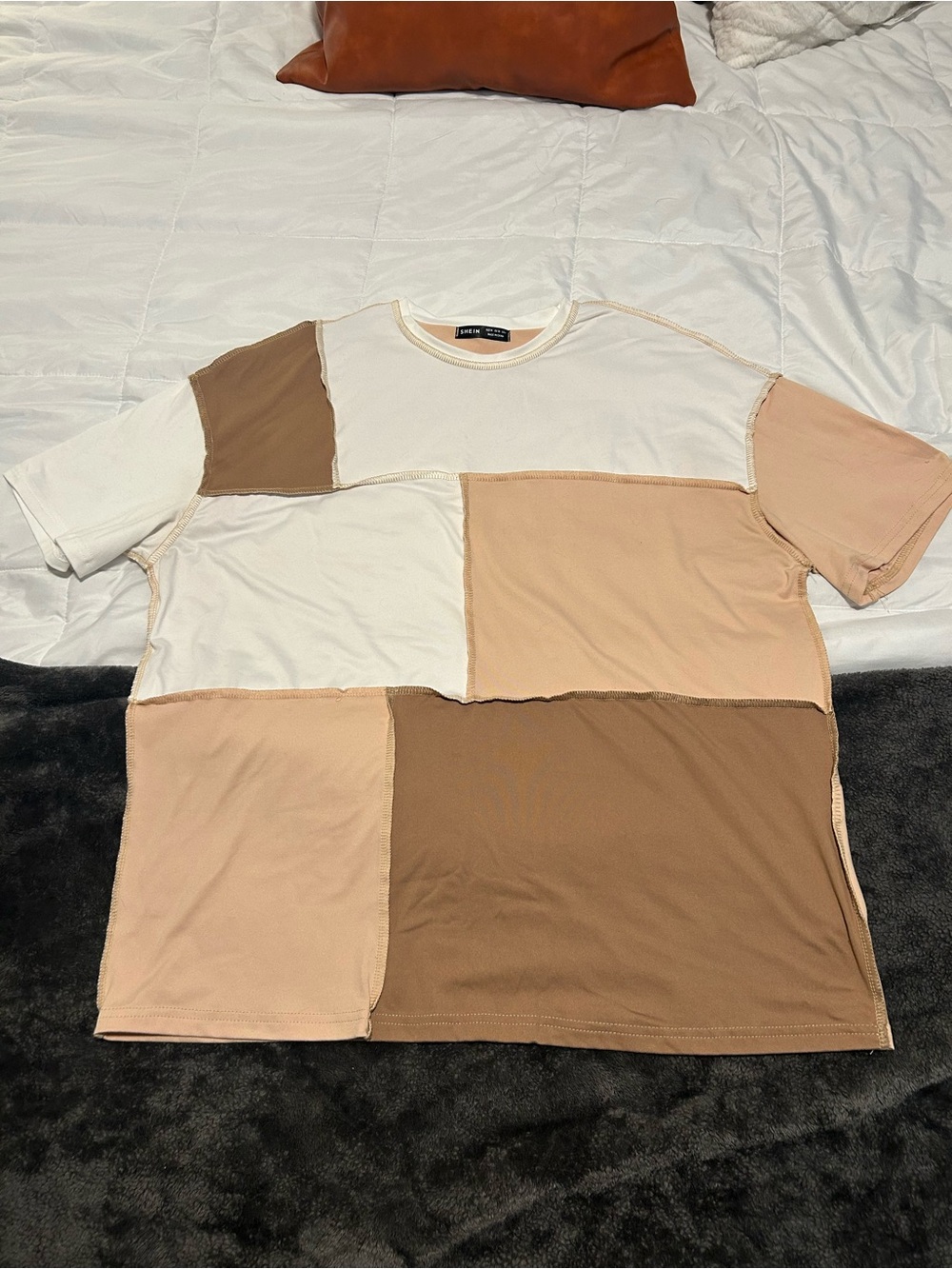 SHEIN Neutral Patchwork Short Sleeve Tee - Cream, Tan, Brown
